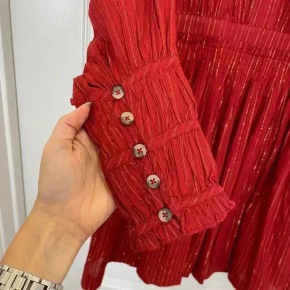 NWOT ULLA JOHNSON Metallic Cotton Long Sleeve Red Ruby Rory Dress Pockets Size 6 - Picture 14 of 14